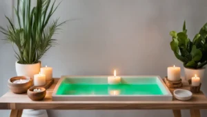 Sala de massagem com mesa de madeira, lençol branco, plantas, cristais e fonte de água, iluminada por velas.