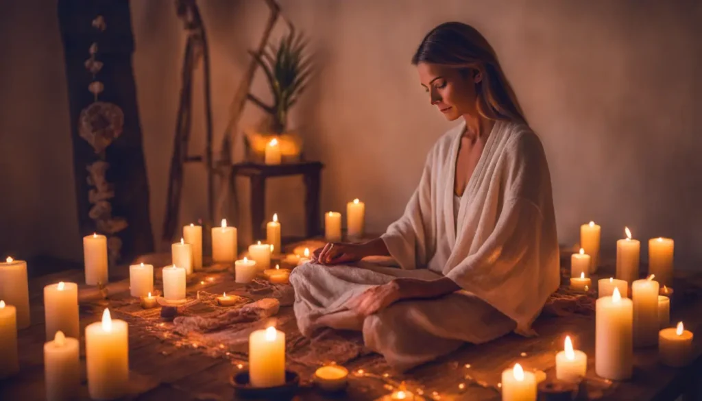 Terapeuta reiki com mãos sobre paciente em maca, cercado por cristais e velas, em sala de terapia iluminada e tranquila.