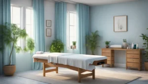 Mesa de massagem branca em sala de terapia com cortinas azuis, plantas em vasos e prateleira de óleos essenciais.